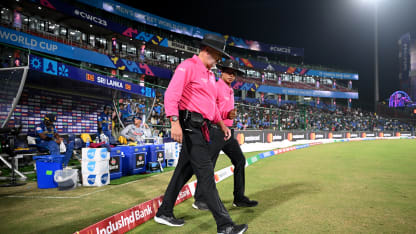 Umpires Richard Illingworth and Shahid Saikat walk onto the field during the ICC Men's Cricket World Cup India 2023 between South Africa and Sri Lanka at Arun Jaitley Stadium on October 07, 2023 in Delhi, India.