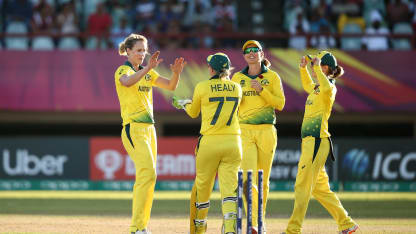 Ellyse Perry of Australia celebrates a wicket during the ICC Women's World T20 2018 match between Australia and Ireland at Guyana National Stadium on November 11, 2018 in Providence, Guyana.