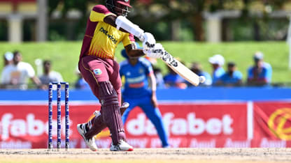 Kyle Mayers, of West Indies, takes a shot during the fourth T20i cricket match between India and West Indies at Central Broward Regional Park in Lauderhill, Florida, on August 12, 2023.