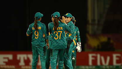 Bismah Mahroof of Pakistan celebrates a wicket with team mates during the ICC Women's World T20 2018 match between Pakistan and Ireland at Guyana National Stadium on November 13, 2018 in Providence, Guyana.