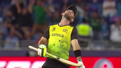 Maxwell finds the fielder after attempting a reverse sweep