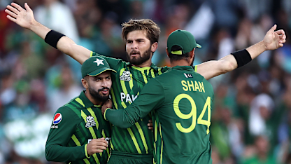 Shaheen Shah Afridi of Pakistan celebrates the wicket of Finn Allen of New Zealand for 4 runs during the ICC Men's T20 World Cup Semi Final match between New Zealand and Pakistan 1920x1080
