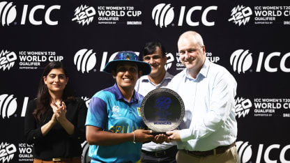 Chamari Athapaththu of Sri Lanka poses with the ICC Women's T20 World Cup Qualifier 2024 Trophy following the ICC Women's T20 World Cup Qualifier 2024 Final match between Scotland and Sri Lanka at Zayed Cricket Stadium on May 07, 2024 in Abu Dhabi, United Arab Emirates.