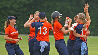 The Dutch celebrating the first wicket, NL v PNG, VRA, 10th July 2018.