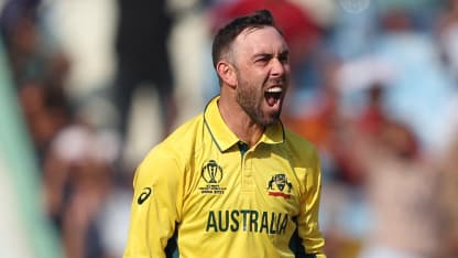 Glenn Maxwell of Australia celebrates the wicket of Temba Bavuma of South Africa during the ICC Men's Cricket World Cup India 2023 between Australia and South Africa