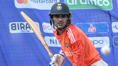 India's Shubman Gill bats during a practice session at the Maharashtra Cricket Association Stadium on the eve of their 2023 ICC men's cricket World Cup match against Bangladesh,