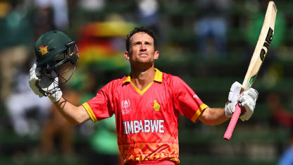Sean Williams of Zimbabwe celebrates after scoring a century during the ICC Men's Cricket World Cup Qualifier Zimbabwe 2023 match between Zimbabwe and USA