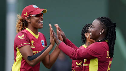 West Indies' Hayley Matthews (L) and Deandra Dottin (R) celebrate