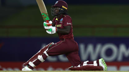 Deandra Dottin of Windies hits a six during the ICC Women's World T20 2018 match between Windies and England at Darren Sammy Cricket Ground on November 18, 2018 in Gros Islet, Saint Lucia.