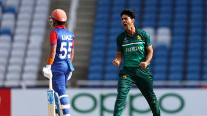 Qasim Akram of Pakistan celebrates the wicket of Khyber Wali of Afghanistan.