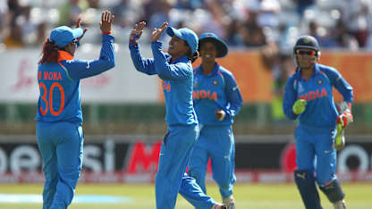 Ekta Bisht of India celebrates with Mona Meshram of India after bowling out Diana Baig of Pakistan.