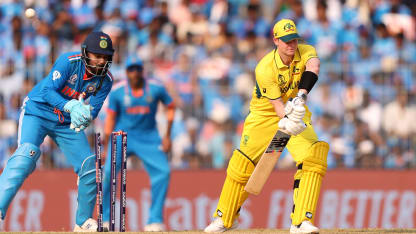 Steve Smith of Australia is bowled by Ravindra Jadeja (not pictured) of India during the ICC Men's Cricket World Cup India 2023 between India and Australia