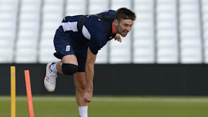 England bowler Mark Wood bowls during training