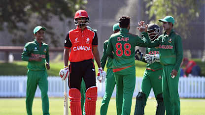 Akash Gill of Canada looks dejected after being dismissed by Mohammed Saif Hassan of Bangladesh