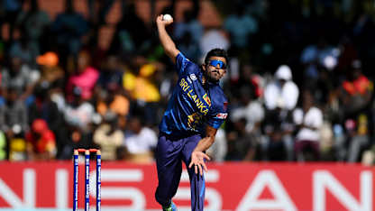 Mahesh Theekshana of Sri Lanka bowls during the ICC Men´s Cricket World Cup Qualifier Zimbabwe 2023 Final between Sri Lanka and Netherlands at Harare Sports Club on July 09, 2023 in Harare, Zimbabwe.