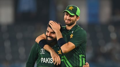 Fakhar Zaman of Pakistan celebrates with teammate Shaheen Shah Afridi after dismissing Vikramjit Singh of Netherlands