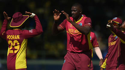 Jason Holder of West Indies celebrates the wicket of Chris McBride of Scotland during the ICC Men's Cricket World Cup Qualifier Zimbabwe 2023 Super 6 match between Scotland and West Indies (2)