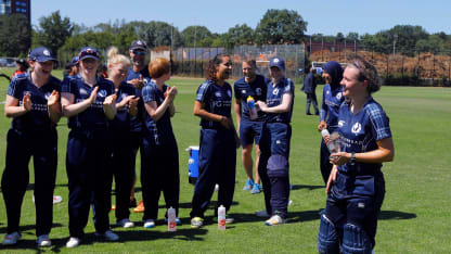 Scotland's K Bryce is the Player of the Match with her teammates after the win over PNG, 3rd Place Play-off, ICC Women's World Twenty20 Qualifier at Utrecht, Jul 14th 2018.
