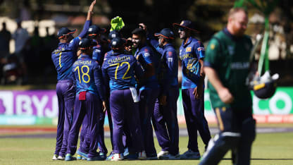 Lahiru Kumara of Sri Lanka celebrates dismissing Paul Stirling of Ireland during the ICC Men's Cricket World Cup Qualifier Sri Lanka and Ireland