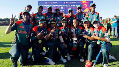 Bangladesh capt Salma Khatun with teammates poses with the trophy as the Bangladesh Team qualifies for T20 World Cup, Final, ICC Women's World Twenty20 Qualifier at Utrecht, Jul 14th 2018.