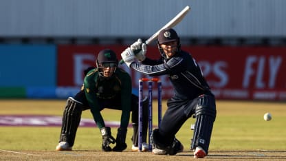 Michael Leask of Scotland sweeps the ball for a four during the ICC Men's Cricket World Cup Qualifier Zimbabwe 2023 match between Ireland and Scotland at Queen’s Sports Club on June 21, 2023 in Bulawayo, Zimbabwe.