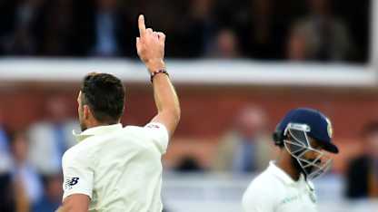 James Anderson celebrates after the dismissal of Ajinkya Rahane