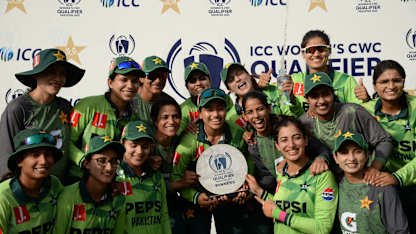 Pakistan team pose with ICC Women's World Cup Qualifier shield