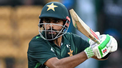 Babar Azam plays a shot during the 2023 ICC Men's Cricket World Cup one-day international (ODI) match between New Zealand and Pakistan