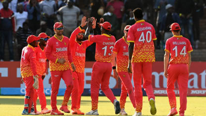 Sikandar Raza of Zimbabwe celebrates the wicket of Kashyap Prajapati of Oman during the ICC Men's Cricket World Cup Qualifier Zimbabwe 2023 Super 6 match between Zimbabwe and Oman at Queen’s Sports Club on June 29, 2023 in Bulawayo, Zimbabwe.