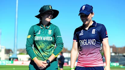 Dane van Niekerk of South Africa and Heather Knight of England chat during the ICC Women's World Cup 2017 match.