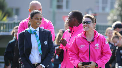 Match referee GS Lakshmi (L) and Umpire Lauren Agenbag are seen prior to the 2022 ICC Women's Cricket World Cup match between New Zealand and Australia at Basin Reserve on March 13, 2022 in Wellington, New Zealand.