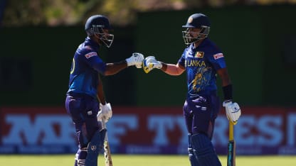 Dimuth Karunarathana and Sadeera Samarawickrama of Sri Lanka fist bump during the ICC Men's Cricket World Cup Qualifier Zimbabwe 2023 match between the Sri Lanka and Ireland