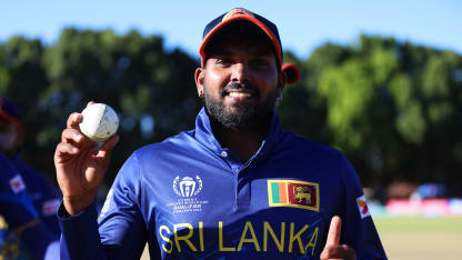 Wanindu Hasaranga of Sri Lanka poses for a photo after taking five wickets and winning the ICC Men's Cricket World Cup Qualifier Zimbabwe 2023 match between the Sri Lanka and Ireland