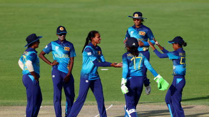 Players of Sri Lanka celebrate after taking the wicket of Suwanan Khiaoto of Thailand (not pictured) during the ICC Women's T20 World Cup Qualifier 2024 match between Sri Lanka and Thailand at Tolerance Oval on April 25, 2024 in Abu Dhabi, United Arab Emirates.