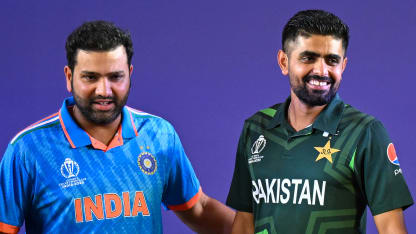 India's captain Rohit Sharma and his Pakistani counterpart Babar Azam attend the Captains' Day 