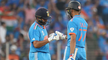 Rohit Sharma and Shubman Gill of India react during the ICC Men's Cricket World Cup India 2023 between India and Pakistan