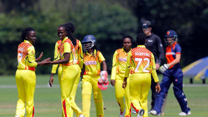 Ugandan players celebrate the dismissal of Netherland Batsman Kallis, 1st Play-off Semi-Final, ICC Women's World Twenty20 Qualifier at Utrecht, Jul 12th 2018.