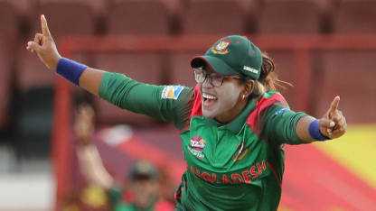 Rumana Ahmed of Bangladesh celebrates during the ICC Women's World T20 warm up match between Bangladesh and Ireland on November 4, 2018 at the Guyana National Stadium in Providence, Guyana.