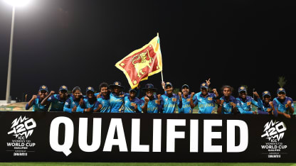 Players of Sri Lanka celebrate victory and qualification following the ICC Women's T20 World Cup Qualifier 2024 Semi-Final match between United Arab Emirates and Sri Lanka at Zayed Cricket Stadium on May 05, 2024 in Abu Dhabi, United Arab Emirates.