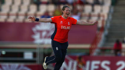 Anya Shrubsole of England celebrates bowling Yolani Fourie of South Africa during the ICC Women's World T20 2018 match between England and South Africa at Darren Sammy Cricket Ground on November 16, 2018 in Gros Islet, Saint Lucia.