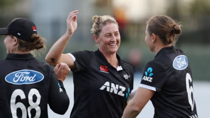 Sophie Devine of New Zealand celebrates the team win after the game three of the Women's ODI series between New Zealand and England at Seddon Park on April 07, 2024 in Hamilton, New Zealand.