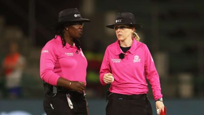 Match Umpires Jacqueline Williams and Kim Cotton interact during the ICC Women's T20 World Cup group A match between Australia and Bangladesh at St George's Park on February 14, 2023 in Gqeberha, South Africa.