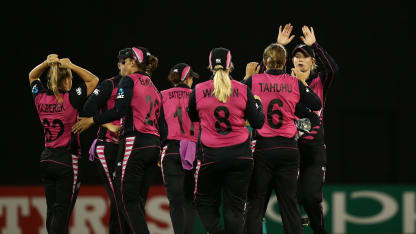 Lea Tahuhu of New Zealand celebrates a wicket with team mates during the ICC Women's World T20 2018 match between New Zealand and Pakistan at Guyana National Stadium on November 15, 2018 in Providence, Guyana.
