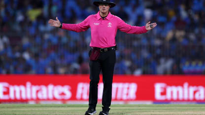 Umpire Richard Kettleborough reacts during the ICC Men's Cricket World Cup India 2023 between India and Australia at MA Chidambaram Stadium on October 08, 2023 in Chennai, India.