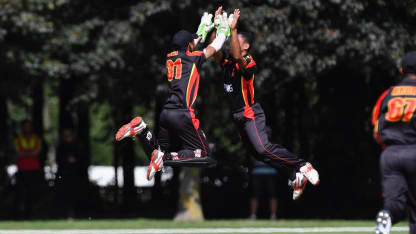 Sema Kamea takes PNG's first wicket of the tournament and has a celebration to match!