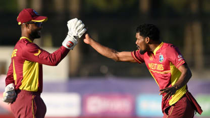 Keemo Paul of West Indies celebrates the wicket of Gulshan Jha of Nepal with team mate Shai Hope during the ICC Men's Cricket World Cup Qualifier Zimbabwe 2023 match between the West Indies and Nepal at Harare Sports Club on June 22, 2023.