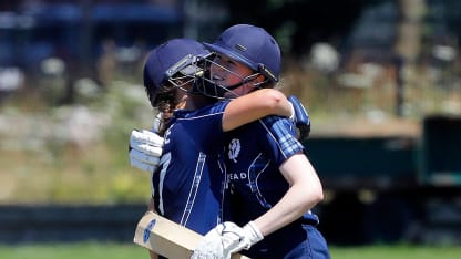 K Bryce hugs her sister S Bryce after scoring 50 runs, 3rd Place Play-off, ICC Women's World Twenty20 Qualifier at Utrecht, Jul 14th 2018.