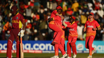 Tendai Chatara of Zimbabwe celebrates the wicket of Roston Chase of West Indies during the ICC Men's Cricket World Cup Qualifier Zimbabwe 2023 match between Zimbabwe and West Indies at Harare Sports Club on June 24, 2023 in Harare, Zimbabwe.