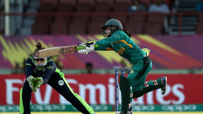 Javeria Khan of Pakistan bats with Mary Waldron, wicket keeper of Ireland looking on during the ICC Women's World T20 2018 match between Pakistan and Ireland at Guyana National Stadium on November 13, 2018 in Providence, Guyana.