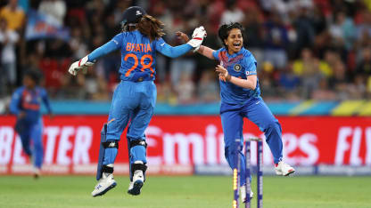 Taniya Bhatia and Poonam Yadav of India celebrate the wicket of Ellyse Perry of Australia during the ICC Women's T20 Cricket World Cup match between Australia and India at Sydney Showground Stadium on February 21, 2020 in Sydney, Australia.